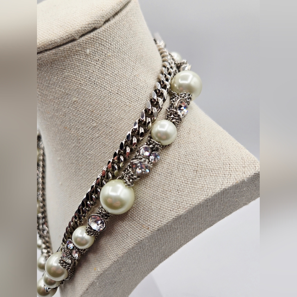 Givenchy Vintage Double Strand Faux Pearl Rhinestone Chain Necklace - Picture 5 of 7